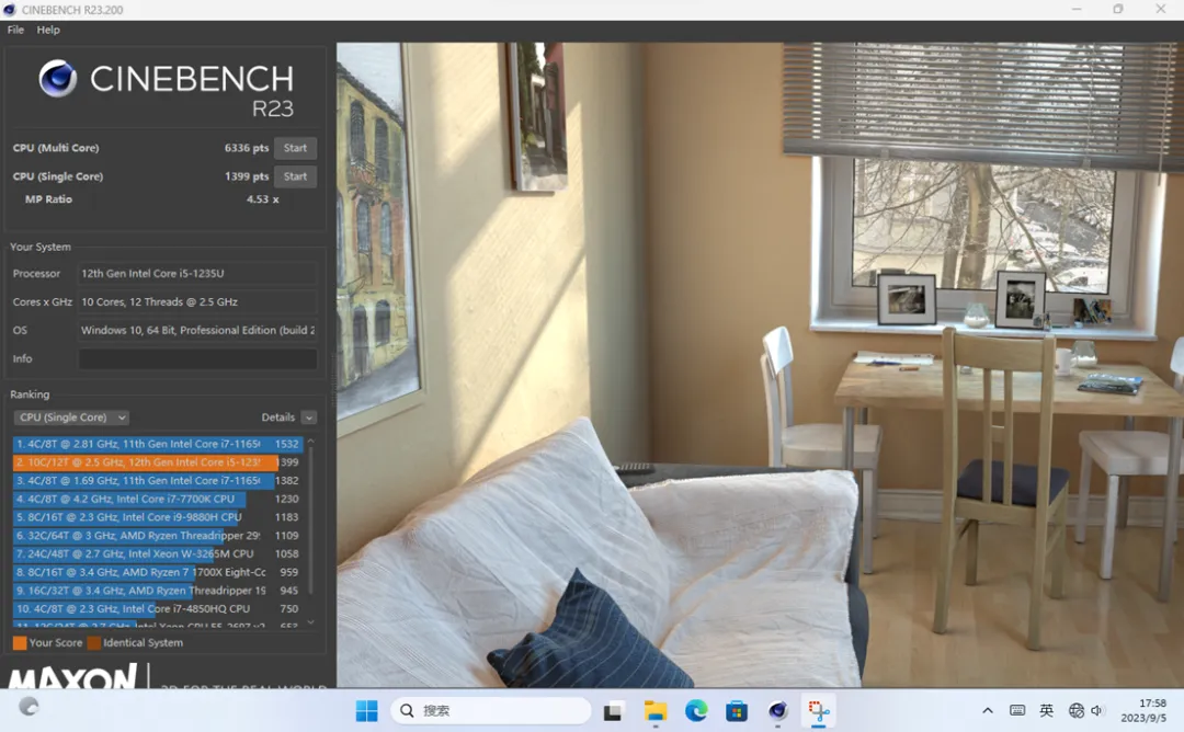 In the R23 CINEBENCH CPU performance test, the M10A scored 1399 points in single-core and 6336 points in multi-core.