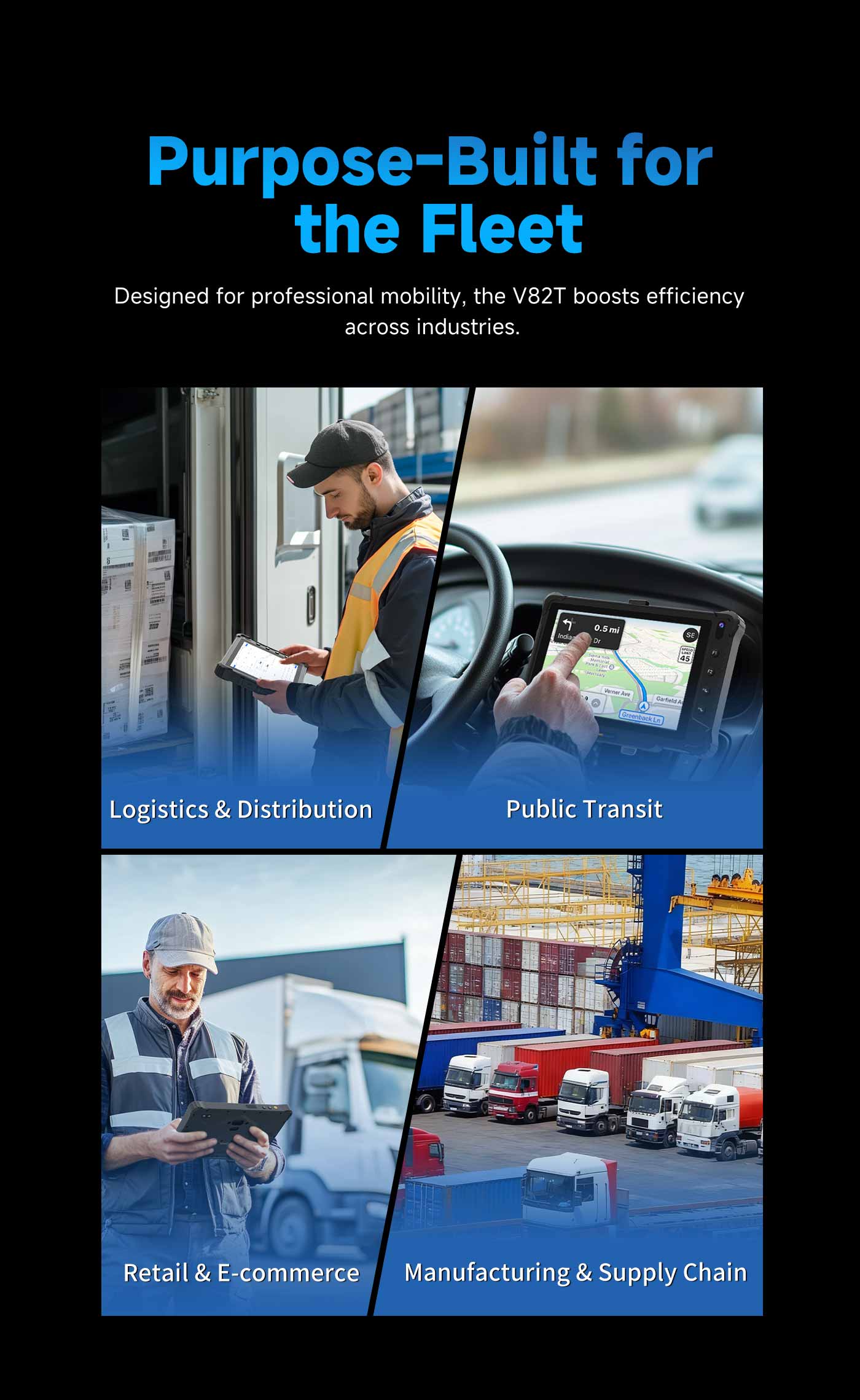 El V82T no es sólo una tableta; it is a dedicated tool for the transportation industry