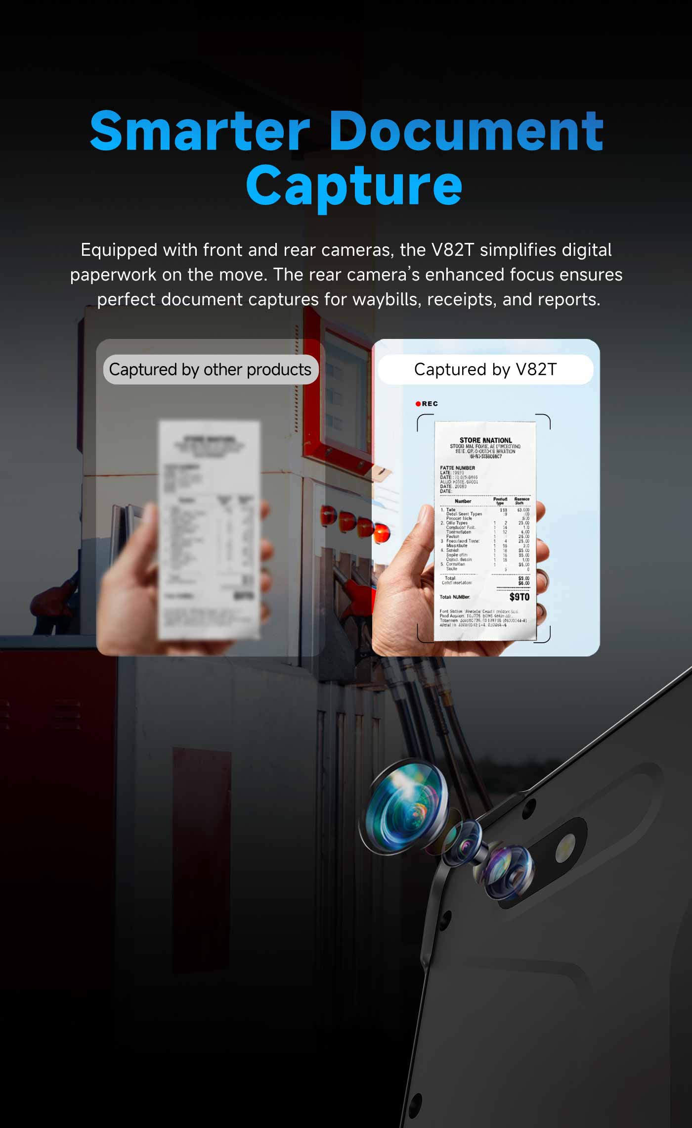  V82T is equipped with high-resolution front and rear cameras designed for digital document capture. El rear camera’s enhanced focus technology ensures crisp