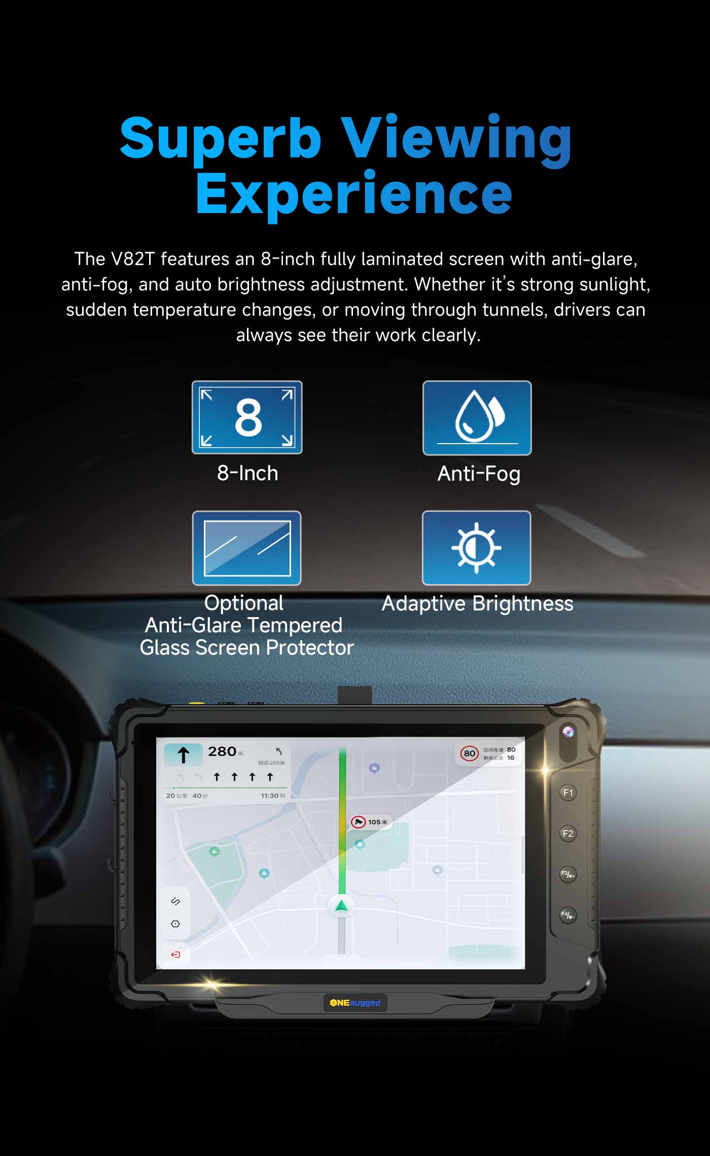  V82T features an 8-inch fully laminated display with 700 nits of brightness.  • Brillo automático: se adapta a los túneles y a la luz del día brillante.