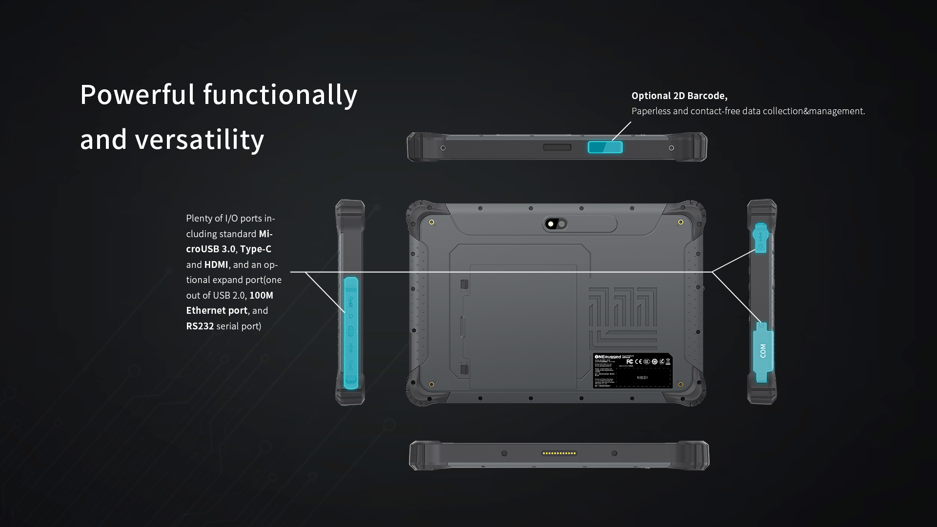 optional 2D barcode rugged tablet M10R with RS232 Ethernet and Micro USB 3.0 interfaces