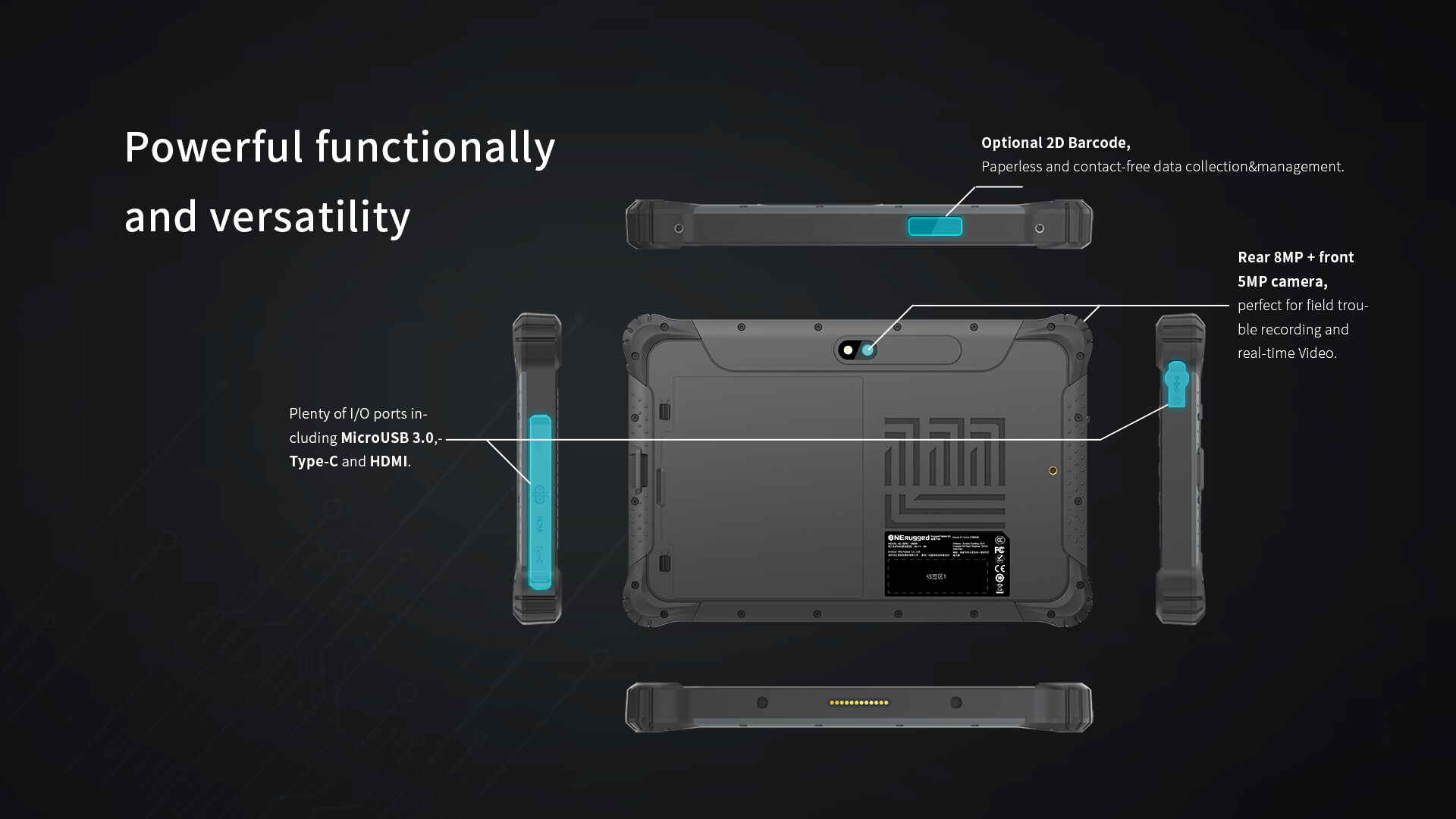 optional 2D barcode rugged tablet M80R with HDMI and Micro USB 3.0 interfaces