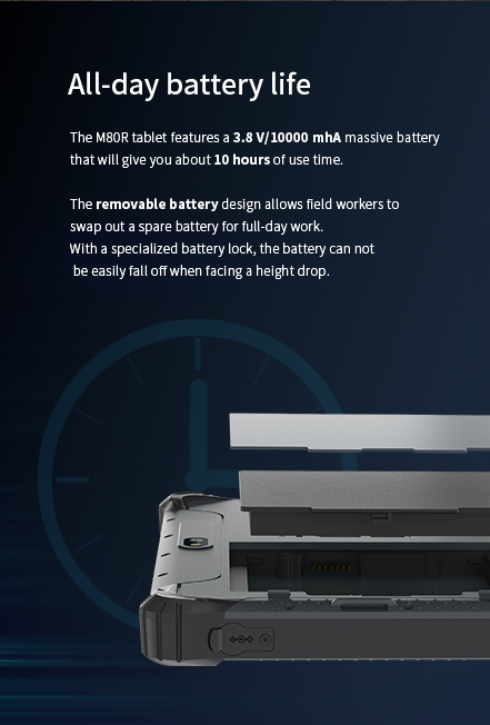 The M80R tablet features a 3.8 V/10000 mhA massive