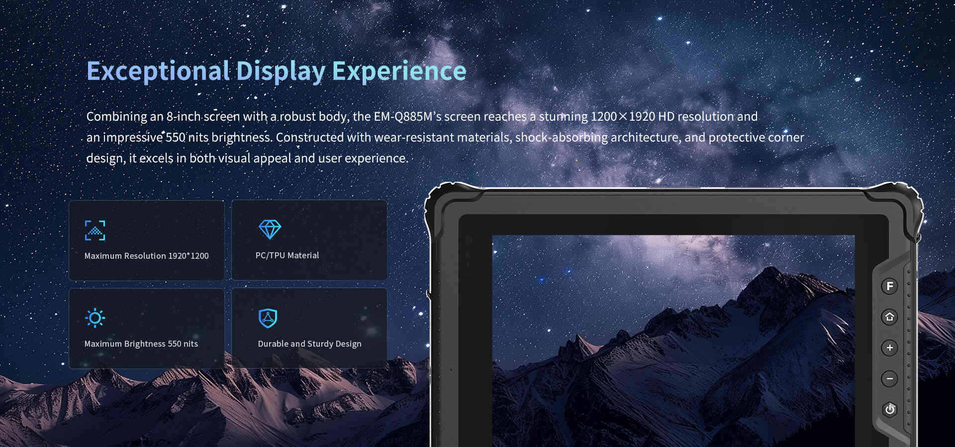 The M805Q tablet's 8-inch, 1200x1920 HD display with 1000 nits brightness and rugged, shock-absorbing corners.