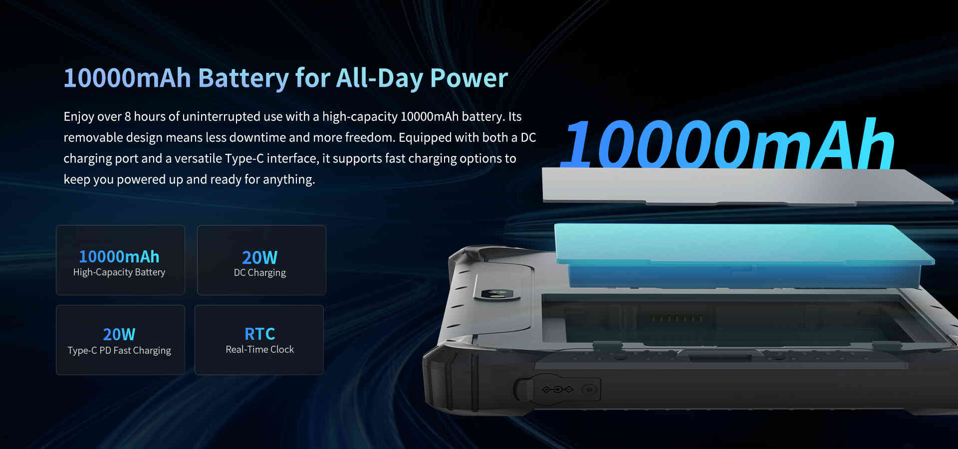 A 10000mAh removable battery providing all-day power with 18W Type-C PD and 20W DC fast charging options.