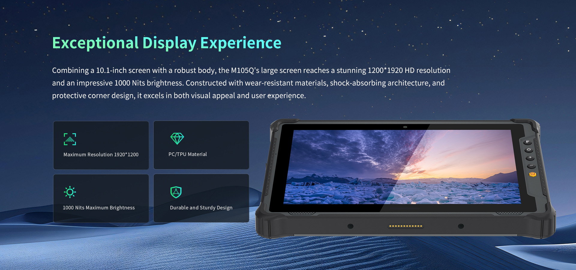 The M805Q tablet's 8-inch, 1200x1920 HD display with 1000 nits brightness and rugged, shock-absorbing corners.